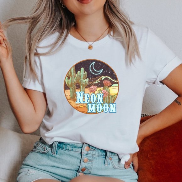 Hand Crafted Tops - Retro Neon Moon Shirt - Women's Western Country Southwestern Graphic T-Shirt